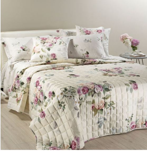 Trapuntino-Matrimoniale-Caleffi-Raso-Di-Cotone-Rose-e-Fiori-Naturale