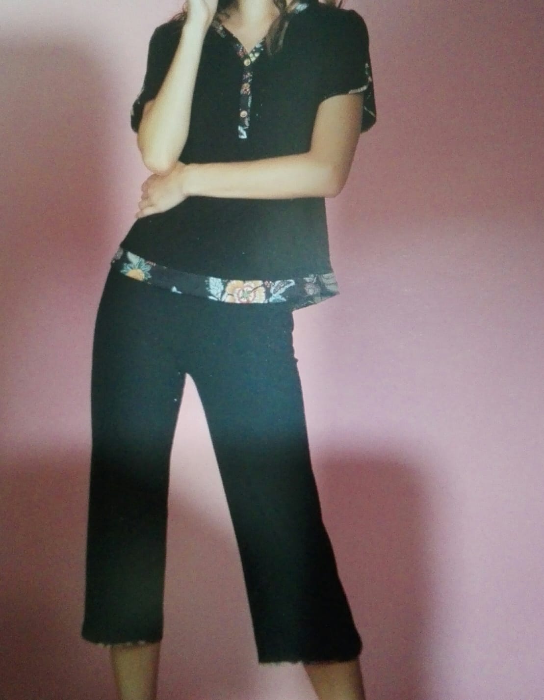 Pigiama- Andra -estivo -mezza -manica- pantalone -pinocchietto -nero -8766